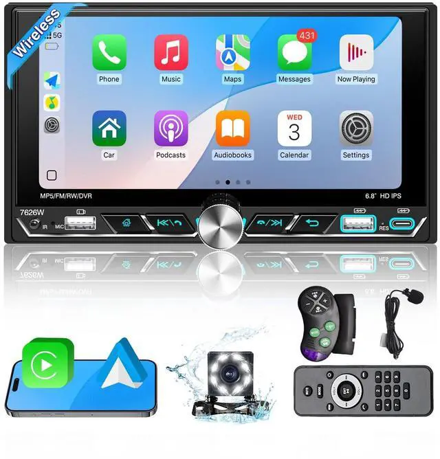 Main image of Double Din Car Stereo 6.8" Touch Screen with Apple CarPlay & Android Auto, Physical Knob Control, Bluetooth 5.0, Wireless Apple Car Play Radio, MirrorLink, FM/AM, Backup Camera, USB/Type-C