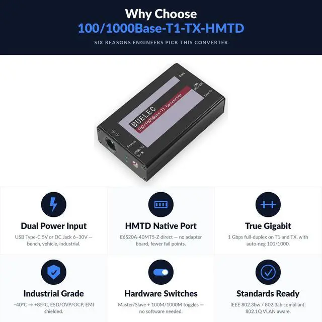 Alt view image 3 of 5 - BUELEC 100/1000Base-T1-TX-HMTD Automotive Ethernet Media Converter - 100/1000BASE-T1 to TX Adapter, Marvell 88Q2112 & Realtek RTL8211FI Phy, HMTD Connector, Industrial Grade Type-C/DC Power
