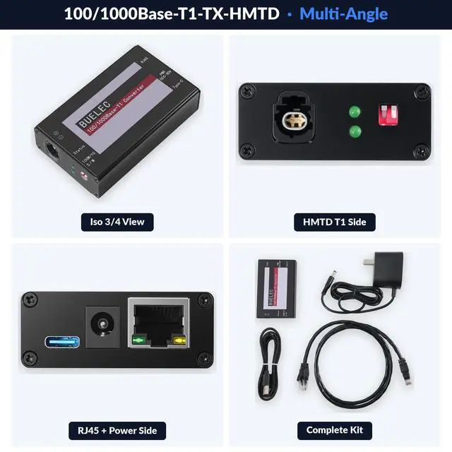 Alt view image 4 of 5 - BUELEC 100/1000Base-T1-TX-HMTD Automotive Ethernet Media Converter - 100/1000BASE-T1 to TX Adapter, Marvell 88Q2112 & Realtek RTL8211FI Phy, HMTD Connector, Industrial Grade Type-C/DC Power