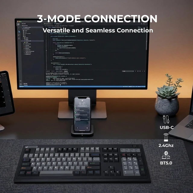 Alt view image 5 of 5 - FLESPORTS OG104 Tri-Mode Retro Mechanical Keyboard, Full-Size Gasket Mount Gaming Keyboard, Hot Swappable, PBT Keycaps, 4000mAh for Mac/PC - Silent Switches ^^ Black