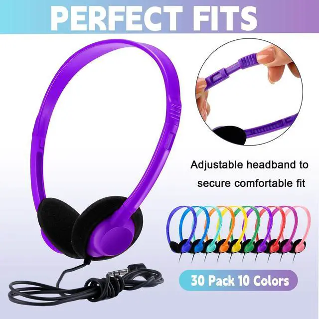 Alt view image 2 of 5 - Yunsailing 30 Pack Bulk Headphones Set Over Ear Headphones with Adjustable Headband 3.5mm Plug Headsets Earphones for Learning Program, Computer Lab, Library, Testing & Multimedia Use (Colorful)