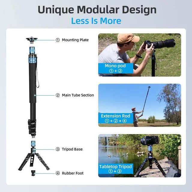 Alt view image 4 of 5 - SIRUI AM-404FL Camera Monopod with Feet, 74.8 Inch Aluminum Video Monopod with Removable Base, Slim and Lightweight, Max Load 26.4lbs, 360Panorama Panning, 4-Section for Canon Nikon Sony