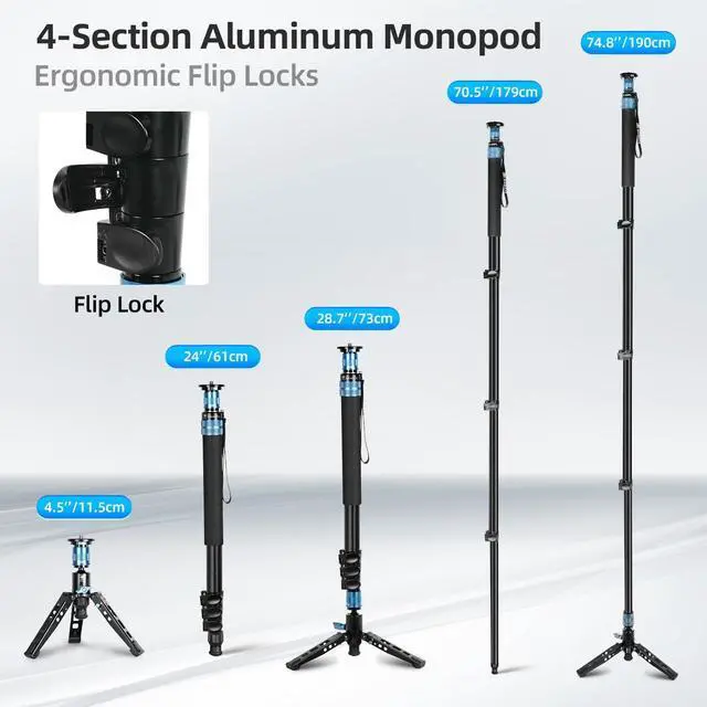 Alt view image 5 of 5 - SIRUI AM-404FL Camera Monopod with Feet, 74.8 Inch Aluminum Video Monopod with Removable Base, Slim and Lightweight, Max Load 26.4lbs, 360Panorama Panning, 4-Section for Canon Nikon Sony