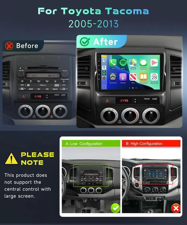 Alt view image 2 of 5 - 8Core 4GB+64GB 5/6Ghz WiFi Radio for Toyota Tacoma 2005-2013 Car Stereo Android 15 Snapdragon Processor 9 Inch 1280x720 IPS Touchscreen Carplay/Android Auto DSP Hi-Res GPS FM/RDS SWC Camera