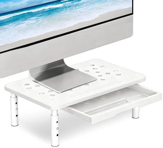 Main image of Ergonomic Monitor Stand Riser with Drawer, 3 Height Adjustable (3.9/4.7/5.5 inch) Heavy Duty Carbon Steel+PE Computer Desk Organizer with Storage for Laptop Printer Dual Screens, 14.6 x 9.1 inch (Whit