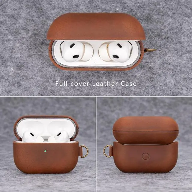 Alt view image 4 of 5 - RIXENY Genuine Leather Case for AirPods Pro 2 (2nd Gen), Retro Crazy Horse Leather Cover for Vintage Lovers & Adventurers, Back Sync Button, D-Ring with Hand Strap, Wireless Charging,