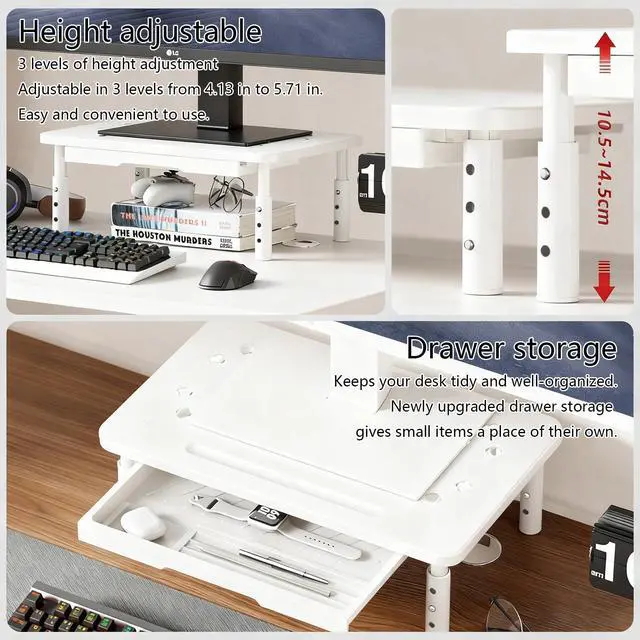 Alt view image 2 of 5 - Ergonomic Monitor Stand Riser with Drawer, 3 Height Adjustable (3.9/4.7/5.5 inch) Heavy Duty Carbon Steel+PE Computer Desk Organizer with Storage for Laptop Printer Dual Screens, 14.6 x 9.1 inch (Whit