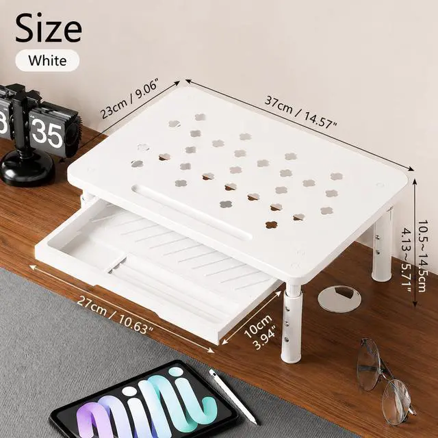 Alt view image 5 of 5 - Ergonomic Monitor Stand Riser with Drawer, 3 Height Adjustable (3.9/4.7/5.5 inch) Heavy Duty Carbon Steel+PE Computer Desk Organizer with Storage for Laptop Printer Dual Screens, 14.6 x 9.1 inch (Whit