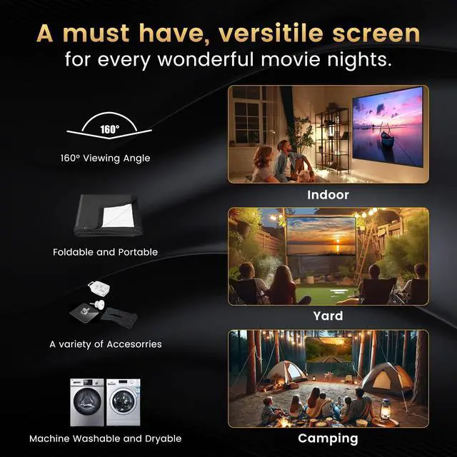 Alt view image 4 of 5 - 72 inch Projector Screen Upgraded- Black Backing, Straight Edges, Foldable, Washable and Wrinkle-Free - for Indoor Home Theater and Outdoor Cinema -White 16:9 by IOLIEO