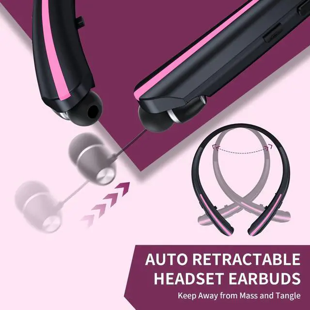 Alt view image 2 of 5 - APPINESSEY Bluetooth Headphones Retractable Neckband, Bluetooth Headset with Microphone Vibration Call, Stereo Noise Cancelling Earphones for Workout Sports Driving (Black Pink)
