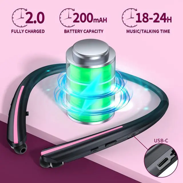 Alt view image 3 of 5 - APPINESSEY Bluetooth Headphones Retractable Neckband, Bluetooth Headset with Microphone Vibration Call, Stereo Noise Cancelling Earphones for Workout Sports Driving (Black Pink)
