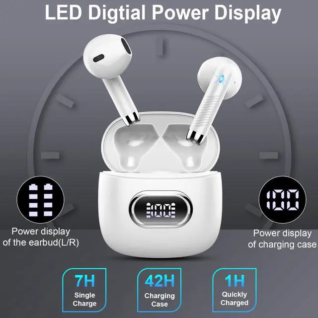 Alt view image 5 of 5 - Wireless Earbuds, Bluetooth Headphones, Stereo Bass Ear Buds with ENC Noise Cancelling Mics,42H Bluetooth Earbuds with LED Display Charging Case, IP7 Waterproof Earphones for Android iOS/Glass