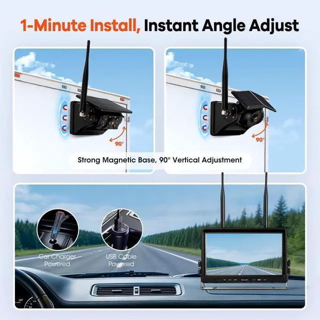Alt view image 2 of 5 - WOOCARTY 3 Solar Magnetic Wireless Trailer Camera System, 10.1" IPS DVR Screen + Solar Powered Night Vision Rear Camera, 100% No Wiring Waterproof Backup Camera System for RV Truck Trailer Hitc