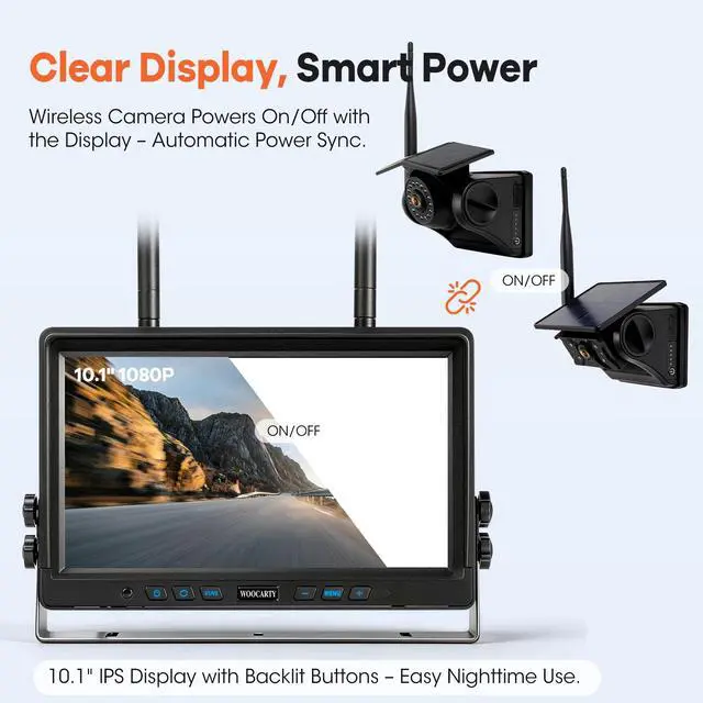 Alt view image 4 of 5 - WOOCARTY 3 Solar Magnetic Wireless Trailer Camera System, 10.1" IPS DVR Screen + Solar Powered Night Vision Rear Camera, 100% No Wiring Waterproof Backup Camera System for RV Truck Trailer Hitc