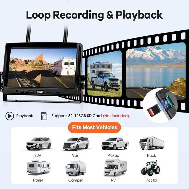 Alt view image 5 of 5 - WOOCARTY 3 Solar Magnetic Wireless Trailer Camera System, 10.1" IPS DVR Screen + Solar Powered Night Vision Rear Camera, 100% No Wiring Waterproof Backup Camera System for RV Truck Trailer Hitc