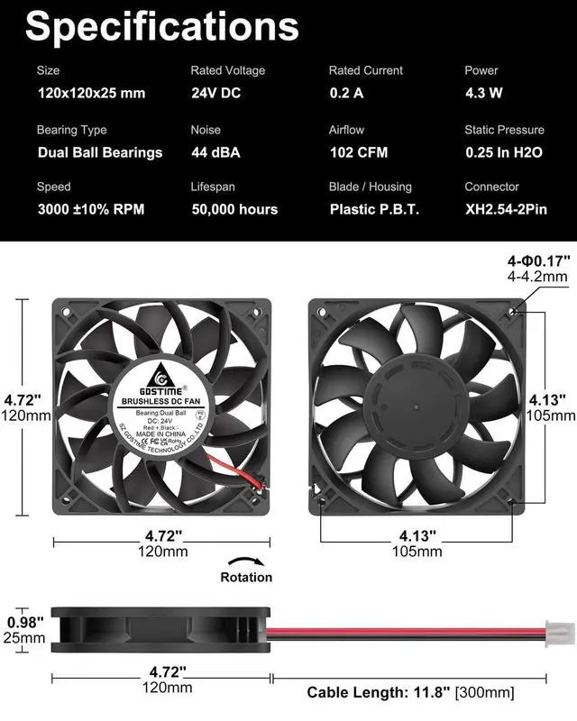 Alt view image 4 of 5 - GDSTIME 120mm PC Case Fan 24V 2-Pin High Static Pressure Dual Ball Bearing