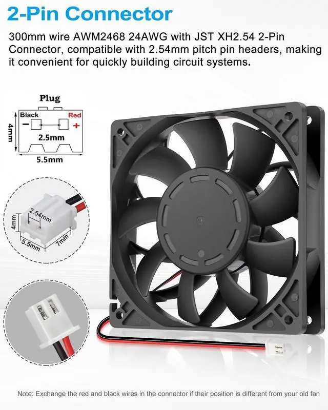 Alt view image 5 of 5 - GDSTIME 120mm PC Case Fan 24V 2-Pin High Static Pressure Dual Ball Bearing