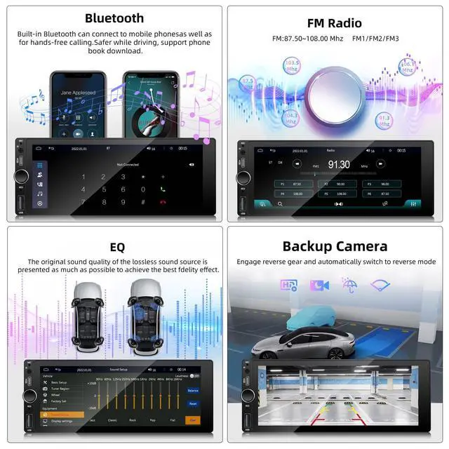 Alt view image 3 of 5 - 6.86 Inch Single Din Car Stereo with Wireless Carplay Android Auto FM EQ
