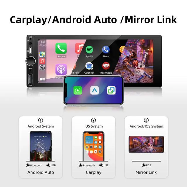 Alt view image 2 of 5 - 6.86 Inch Single Din Car Stereo with Wireless Carplay Android Auto FM EQ