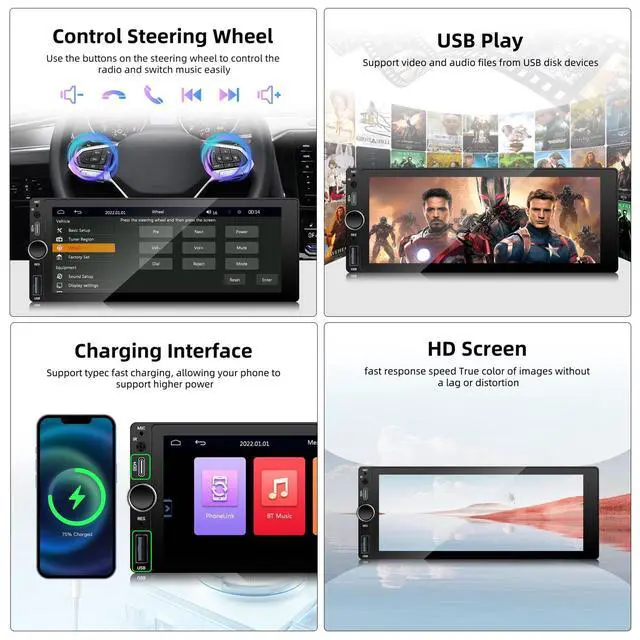 Alt view image 4 of 5 - 6.86 Inch Single Din Car Stereo with Wireless Carplay Android Auto FM EQ