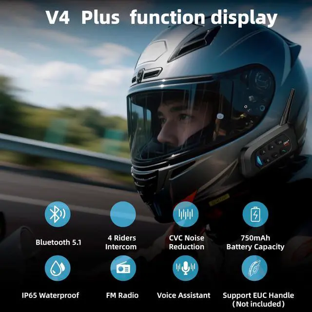 Alt view image 2 of 5 - EJEAS V4 Plus Motorcycle Helmet Bluetooth 5.1 Intercom Headset with FM Radio and CVC Noise Reduction for 4 Riders Intercom (1 Pack)