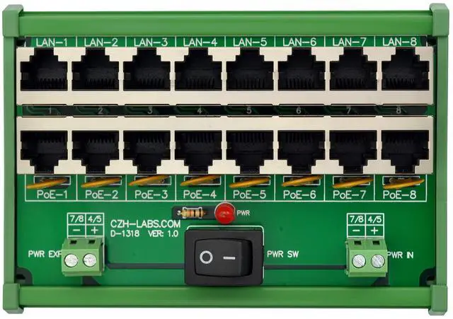 Main image of CZH-LABS DIN Rail Mount 8 Ports Passive RJ45 PoE Power Injection Board, Power Over Ethernet Injector Module.