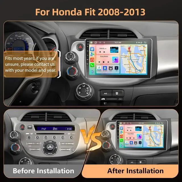Alt view image 2 of 5 - 6+128G Car Stereo Radio for Honda Fit Jazz 2008-2013 10.1" Touch Screen Audio with CarPlay Android Auto Bluetooth GPS Navi Mirror Link WiFi EQ RDS Hi-Fi Backup Camera