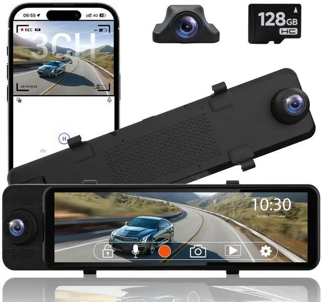 Main image of Rear View Mirror Camera, 3 Channel Mirror Dash Cam Front Rear and Inside, 11" Triple Rearview Mirro with 128GB Card, Backup Camera for Car Trucks with WiFi,Reverse Assist,Night Vision,Parking Monitor
