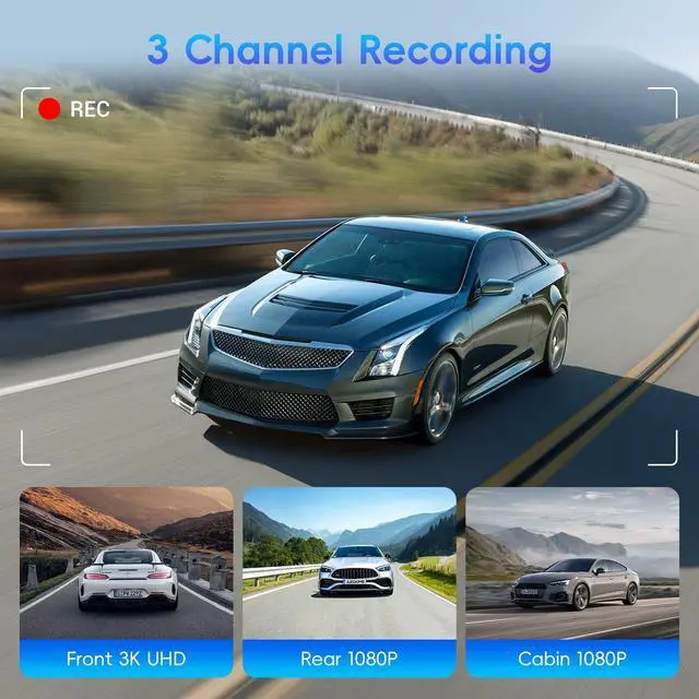 Alt view image 2 of 5 - Rear View Mirror Camera, 3 Channel Mirror Dash Cam Front Rear and Inside, 11" Triple Rearview Mirro with 128GB Card, Backup Camera for Car Trucks with WiFi,Reverse Assist,Night Vision,Parking Monitor