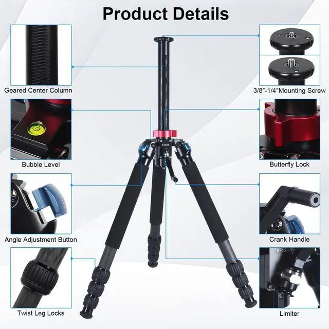 Alt view image 2 of 5 - SIRUI R-4214E Heavy-Duty Carbon Tripod with Geared Center Column, 70Professional Tripod with Dual Mounting Platform for Cameras, Telescopes, Measuring Instruments, Max Load 14kg/30lbs