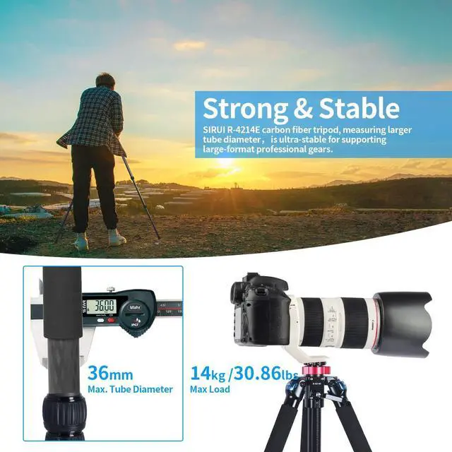 Alt view image 3 of 5 - SIRUI R-4214E Heavy-Duty Carbon Tripod with Geared Center Column, 70Professional Tripod with Dual Mounting Platform for Cameras, Telescopes, Measuring Instruments, Max Load 14kg/30lbs