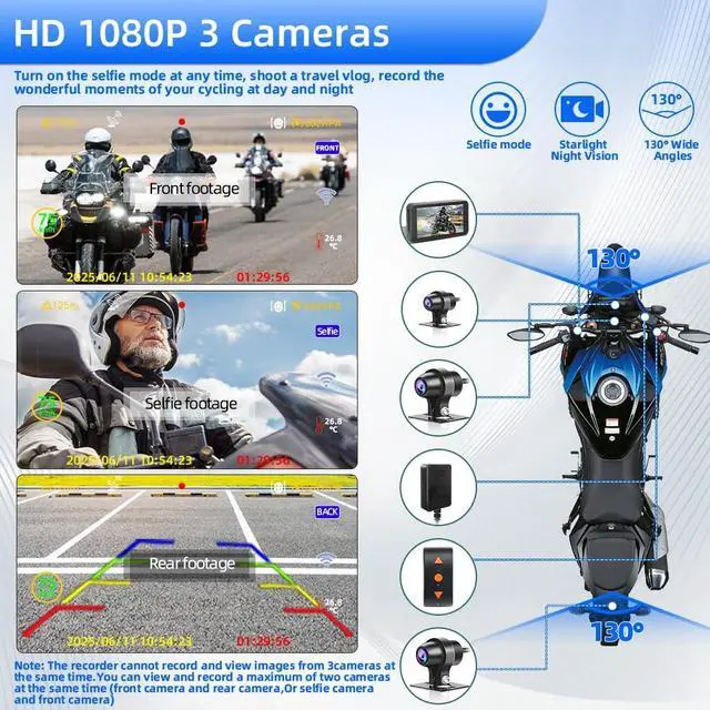 Alt view image 2 of 5 - VSYSTO Motorcycle Dash Camera, 4.5'' Screen, 3CH 1080P WiFi Cameras, Selfie Mode, Parking Monitoring, with GPS, Wired Controller, Assisted Driving Mode, Temperature Display, Loop Recording(F4.5 PRO)