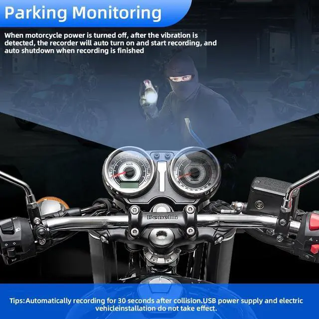 Alt view image 3 of 5 - VSYSTO Motorcycle Dash Camera, 4.5'' Screen, 3CH 1080P WiFi Cameras, Selfie Mode, Parking Monitoring, with GPS, Wired Controller, Assisted Driving Mode, Temperature Display, Loop Recording(F4.5 PRO)