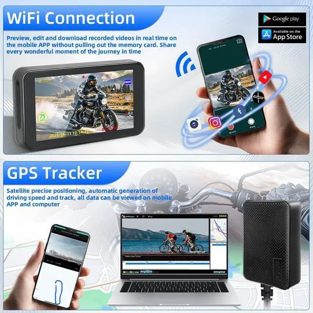 Alt view image 4 of 5 - VSYSTO Motorcycle Dash Camera, 4.5'' Screen, 3CH 1080P WiFi Cameras, Selfie Mode, Parking Monitoring, with GPS, Wired Controller, Assisted Driving Mode, Temperature Display, Loop Recording(F4.5 PRO)