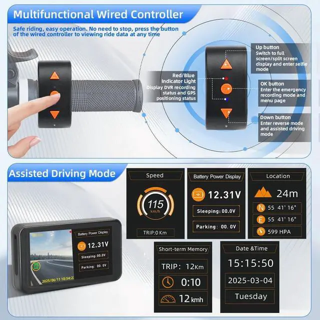 Alt view image 5 of 5 - VSYSTO Motorcycle Dash Camera, 4.5'' Screen, 3CH 1080P WiFi Cameras, Selfie Mode, Parking Monitoring, with GPS, Wired Controller, Assisted Driving Mode, Temperature Display, Loop Recording(F4.5 PRO)