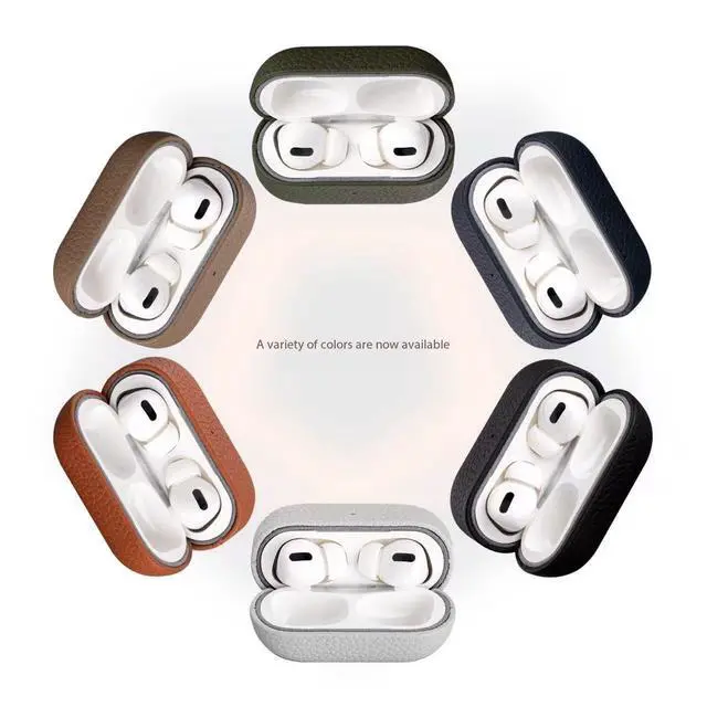 Alt view image 2 of 5 - Leather Case for AirPods Pro 2/pro 3, Lychee Pattern Protective Cover with Wireless Charging, 360-Degree Protection, Handmade, Navy Blue (Olive drab, for AirPods Pro 32025)