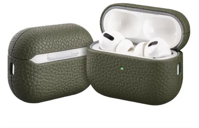 Main image of Leather Case for AirPods Pro 2/pro 3, Lychee Pattern Protective Cover with Wireless Charging, 360-Degree Protection, Handmade, Navy Blue (Olive drab, for AirPods Pro 32025)