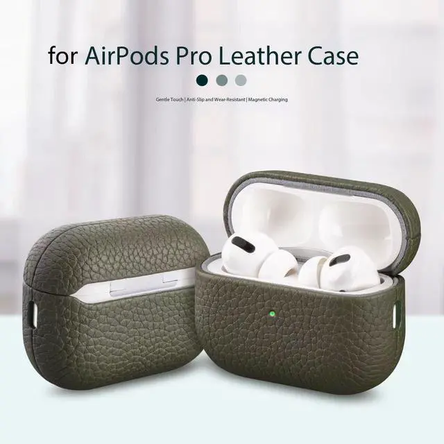Alt view image 3 of 5 - Leather Case for AirPods Pro 2/pro 3, Lychee Pattern Protective Cover with Wireless Charging, 360-Degree Protection, Handmade, Navy Blue (Olive drab, for AirPods Pro 32025)