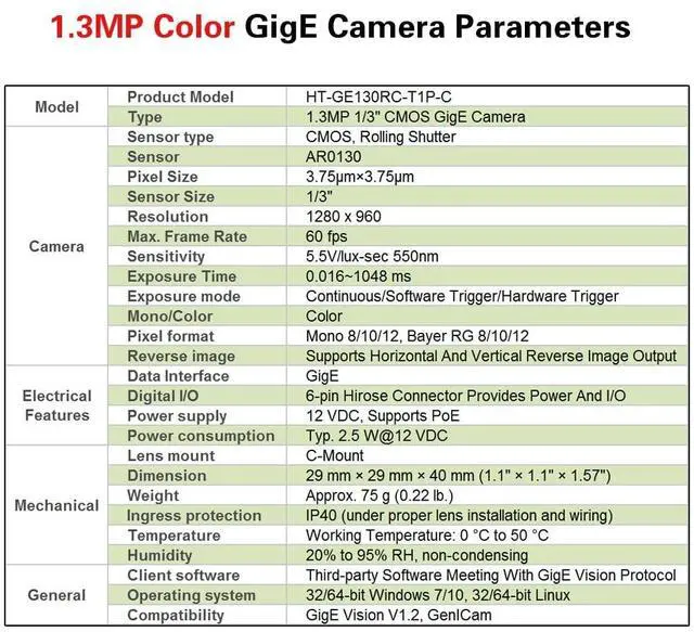 Alt view image 5 of 5 - HTENG VISHI GigE Ethernet 1.3MP 1/3" Color Industrial Camera Machine Vision Rolling Shutter C-Mouth Camera 1280X960 60FPS Indoor