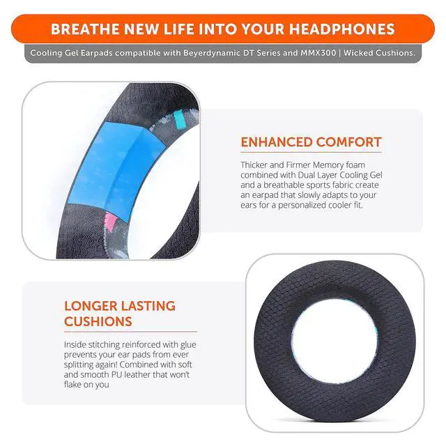Alt view image 4 of 5 - WC Freeze DT770 - Cooling Gel Ear Pads for Beyerdynamic DT770, DT990, DT880, MMX300, DT1770, DT1990 Headphones ^^ Sport Fabric Exterior, Noise Isolation, Enhanced Foam, Cooler for Longer ^^ 90's Black