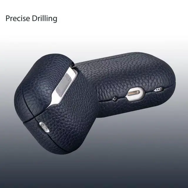 Alt view image 5 of 5 - Leather Case for AirPods Pro 2/pro 3, Lychee Pattern Protective Cover with Wireless Charging, 360-Degree Protection, Handmade, Navy Blue (Olive drab, for AirPods Pro 32025)