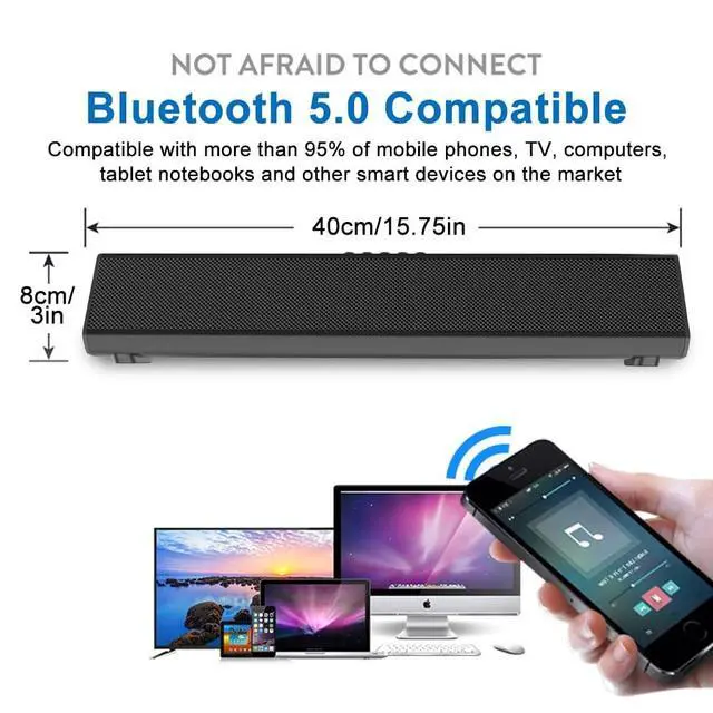 Alt view image 2 of 5 - Guppy Sound Bar 15.7 Inch Soundbar for Smart TV Speaker with USB/AUX Connectivity, PC Desktop Speaker, Stereo Wireless Computer Bar Speaker, Subwoofer, for TV/Desktop/Laptop (Black)