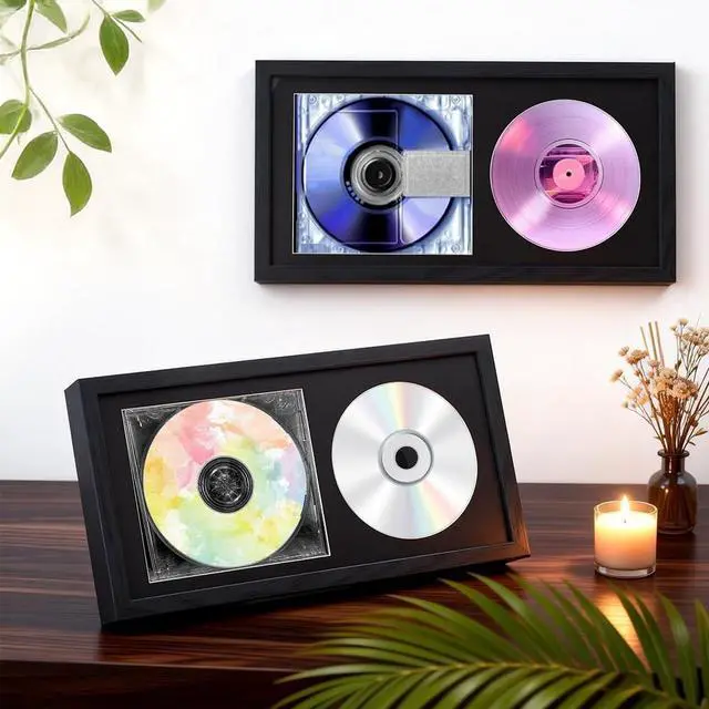 Alt view image 4 of 5 - NBEADS 2 Pcs CD Display Fram, 13.2x6.96 Inch Black Plastic Wall and Tabletop CD Frame Double Groove Home Decor for Music Albums and Signed CDs