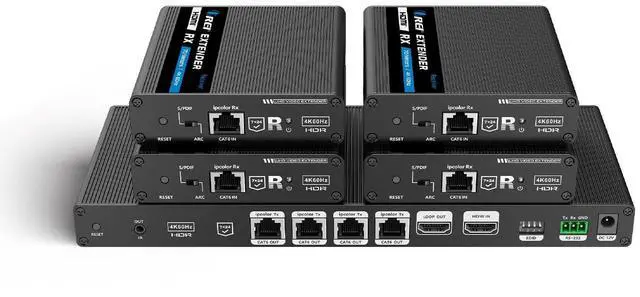 Main image of OREI 1x4 HDMI Extender Splitter 4K, Multiple Over Single Cable CAT6/7 4K@60Hz 4:4:4 HDCP 2.2 with IR Remote EDID Management - Up to 230 Ft - Loop Out - Low Latency - Full Support IR RS-232 Control