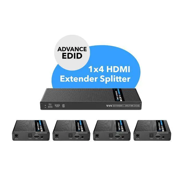 Alt view image 2 of 5 - OREI 1x4 HDMI Extender Splitter 4K, Multiple Over Single Cable CAT6/7 4K@60Hz 4:4:4 HDCP 2.2 with IR Remote EDID Management - Up to 230 Ft - Loop Out - Low Latency - Full Support IR RS-232 Control