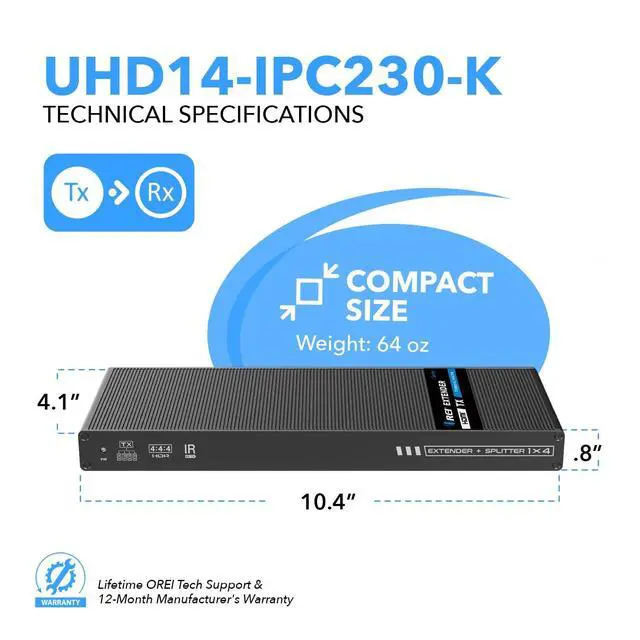 Alt view image 5 of 5 - OREI 1x4 HDMI Extender Splitter 4K, Multiple Over Single Cable CAT6/7 4K@60Hz 4:4:4 HDCP 2.2 with IR Remote EDID Management - Up to 230 Ft - Loop Out - Low Latency - Full Support IR RS-232 Control