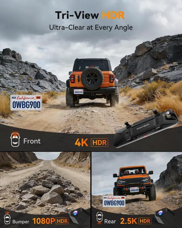 Alt view image 3 of 5 - WOLFBOX G900 Tripro Bumper-N 3 Channel 4K Mirror Dash Cam, 4K+2.5K+1080P Front Rear & Bumper Camera,8MP STARVIS 2 IMX 678 Night Vision,12" Smart Screen for Off-Road & Blind Spot(SD Card Not Included)