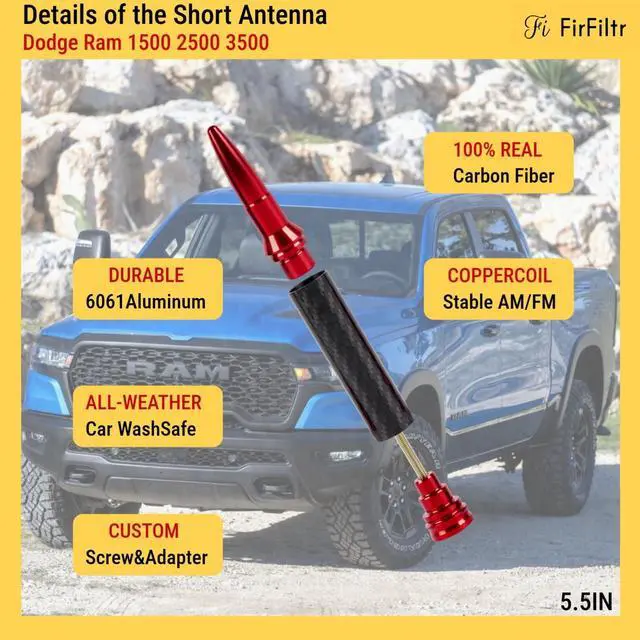 Alt view image 4 of 5 - FirFiltr 5.5IN Carbon Fiber 50 Cal Bullet Short Antenna for Dodge Ram 1500 2500 3500 1990-2026,Truck Antenna for Ram 1500 Accessories(Black, 5.5 inch)