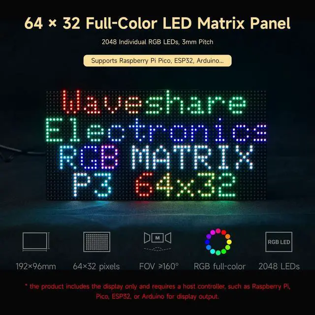 Alt view image 3 of 5 - Waveshare RGB Full-Color LED Matrix Panel, 3mm Pitch, 64 32 Pixels, Adjustable Brightness, GOB Version
