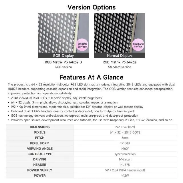 Alt view image 4 of 5 - Waveshare RGB Full-Color LED Matrix Panel, 3mm Pitch, 64 32 Pixels, Adjustable Brightness, GOB Version